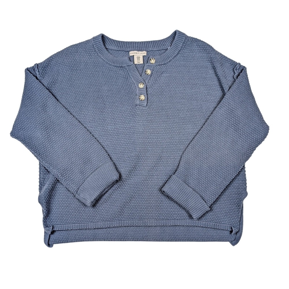 Sincerely Jules Blue 1/4 Button Waffle Knit Pullover Sweater Womens Size Medium
